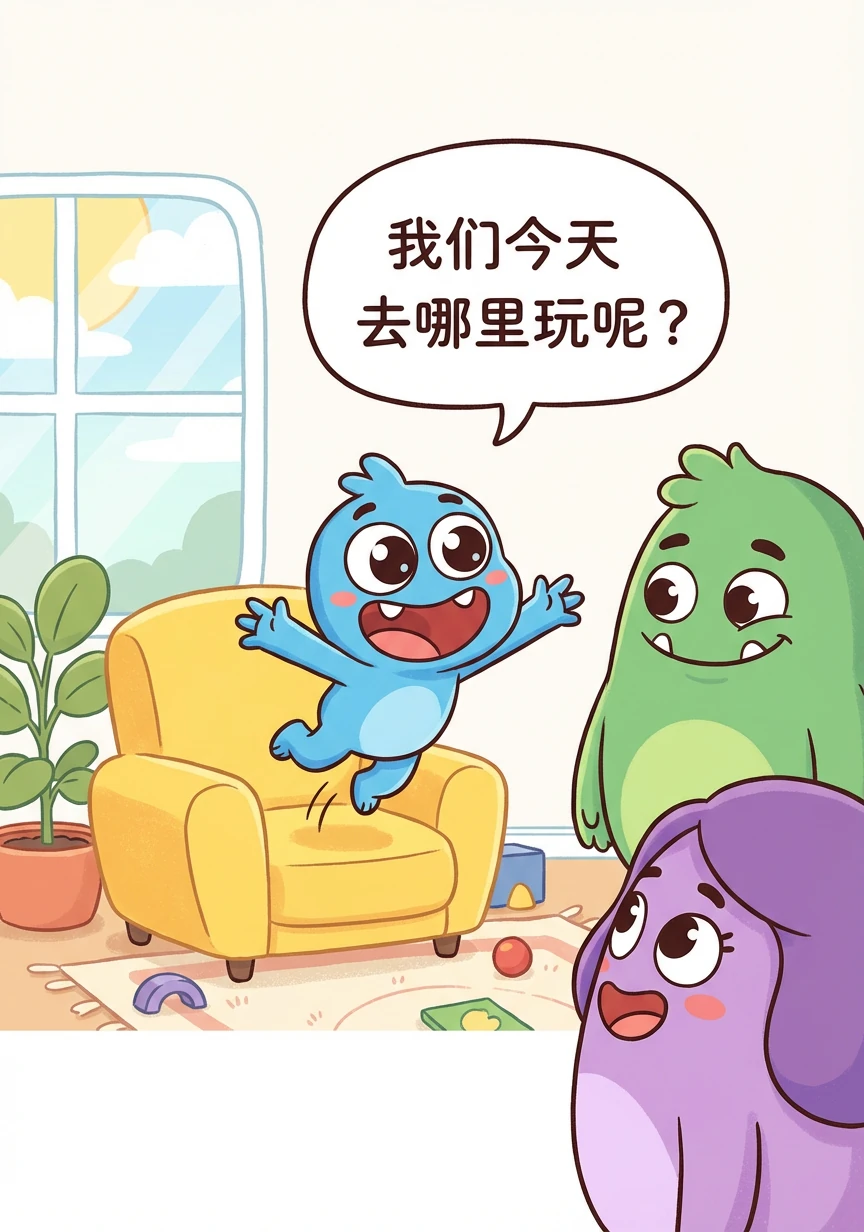 卡卡非常喜欢玩耍，他总是充满活力。有一天，卡卡问他的爸爸妈妈：“我们今天去哪里玩呢？”