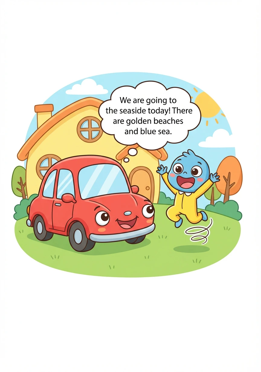 爸爸汽车笑着说：“我们今天去海边吧！那里有金色的沙滩和蔚蓝的大海。”卡卡兴奋地跳了起来。