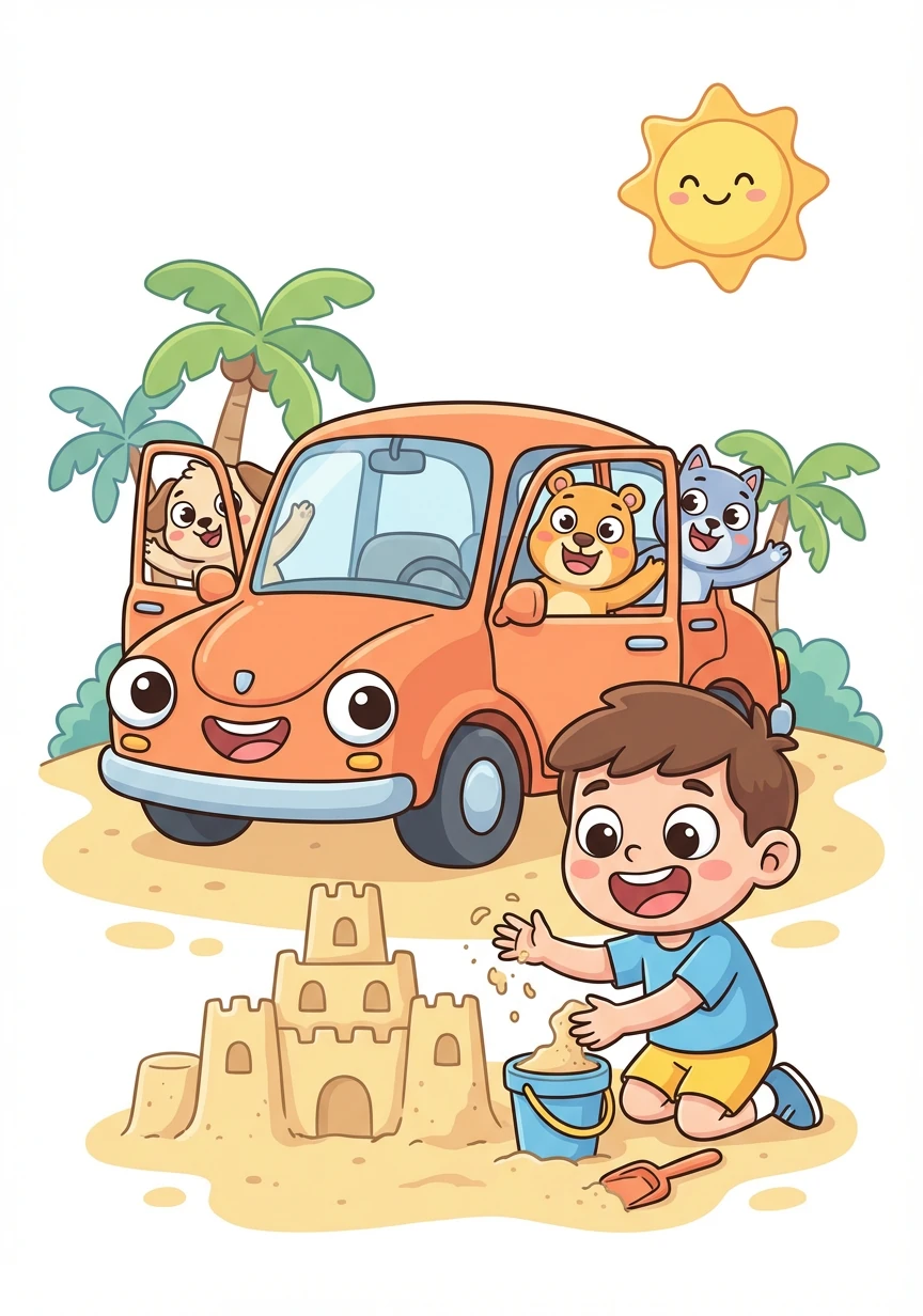 汽车家庭开着车，一路欢歌笑语地来到了海边。卡卡迫不及待地冲向沙滩，开始堆沙堡。