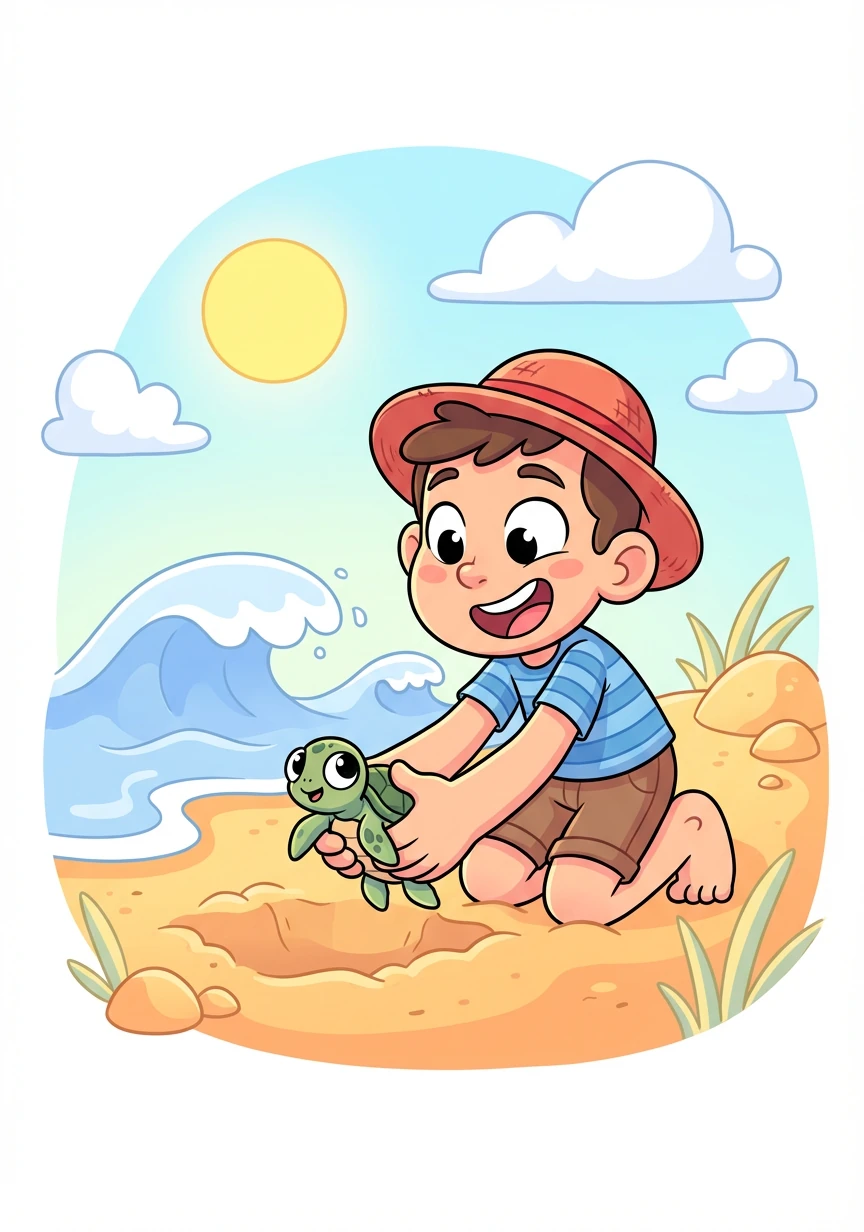 突然，卡卡发现一只小海龟被困在沙坑里。他小心翼翼地把小海龟抱起来，放回大海里。