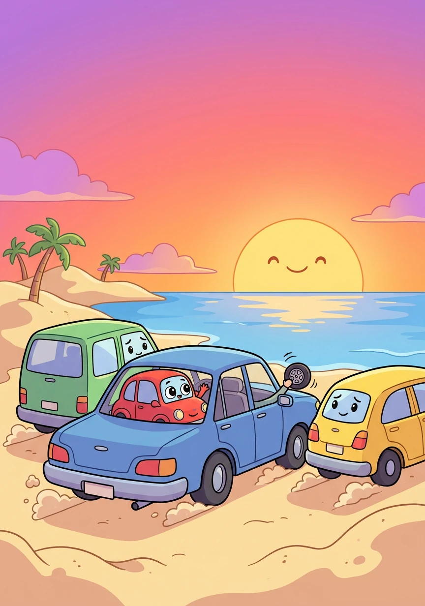 太阳渐渐落山，天空变成了美丽的橙色。汽车家庭依依不舍地离开了海边。