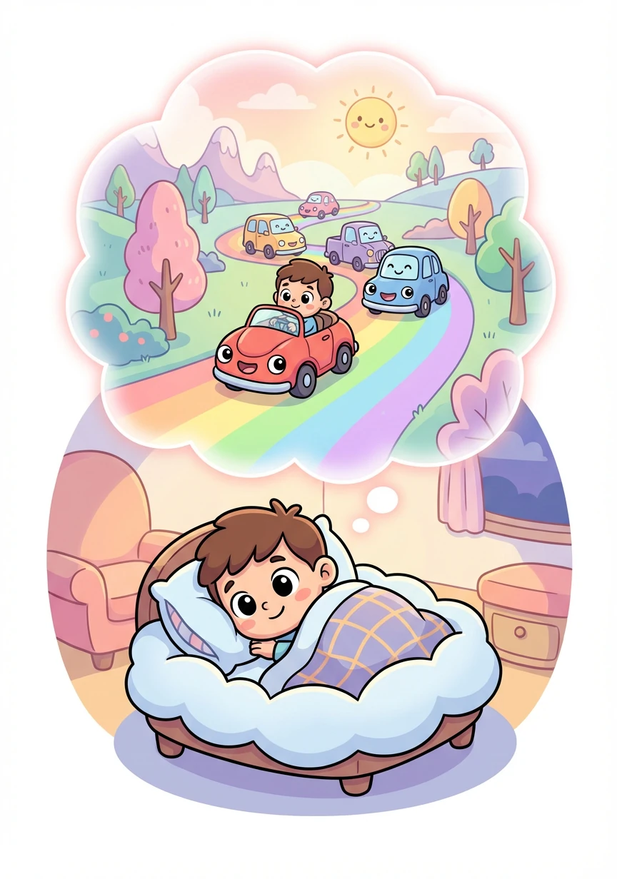 卡卡闭上眼睛，甜甜地进入了梦乡。在梦里，他和他的汽车家庭一起，继续着他们的快乐冒险。