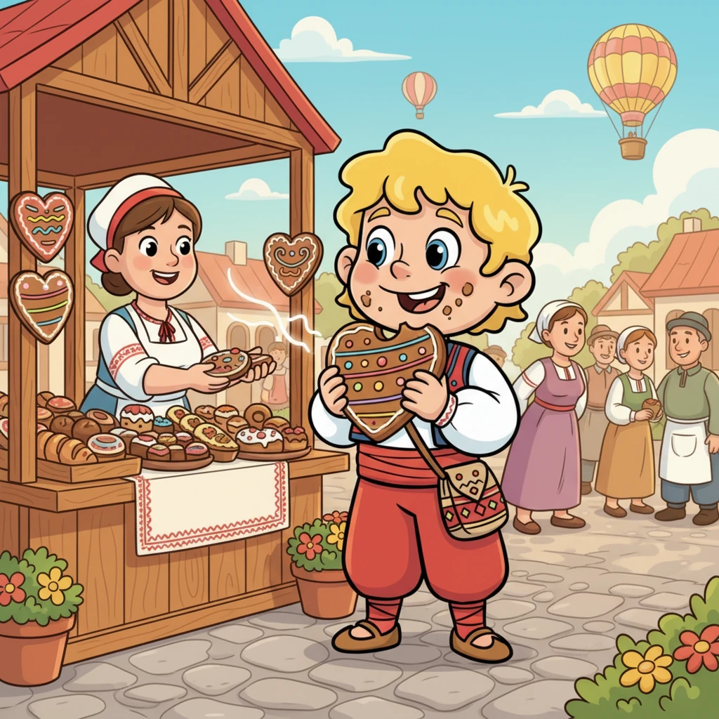 Ароматът на прясно изпечени лакомства го примамва. Ясен си купува вкусна меденка, украсена с шарени глазури, и се наслаждава на всяка хапка. Това е перфектната сладка награда след толкова много обиколки.