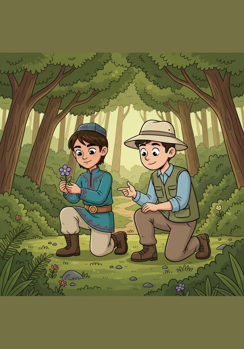 Alnur kneels to look at a vibrant, rare flower that grows only in this specific corner of the earth. He realizes that without this reserve, such delicate beauty might disappear forever, leaving the world a little less colorful.