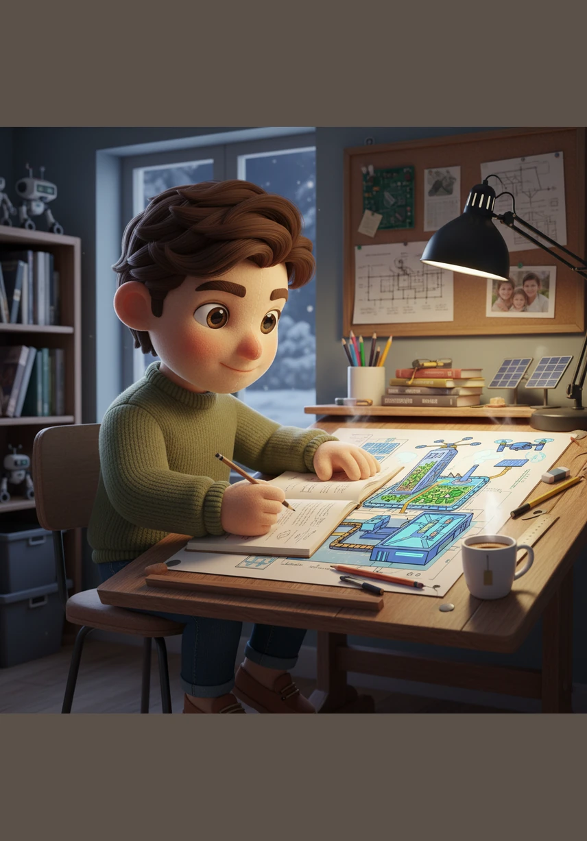 With a compass and ruler in hand, Meskour carefully sketches the layout of a futuristic factory on a massive sheet of paper. Every line represents a path to efficiency, turning raw materials into finished wonders through precise planning.