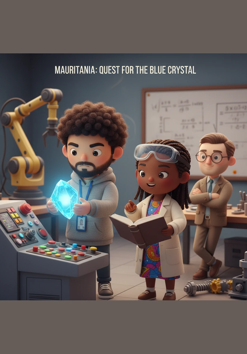 Meskour meets with a group of fellow students around a glowing holographic display of a complex production line. They debate and laugh together, combining their different perspectives to solve a difficult logistical puzzle in the lab.