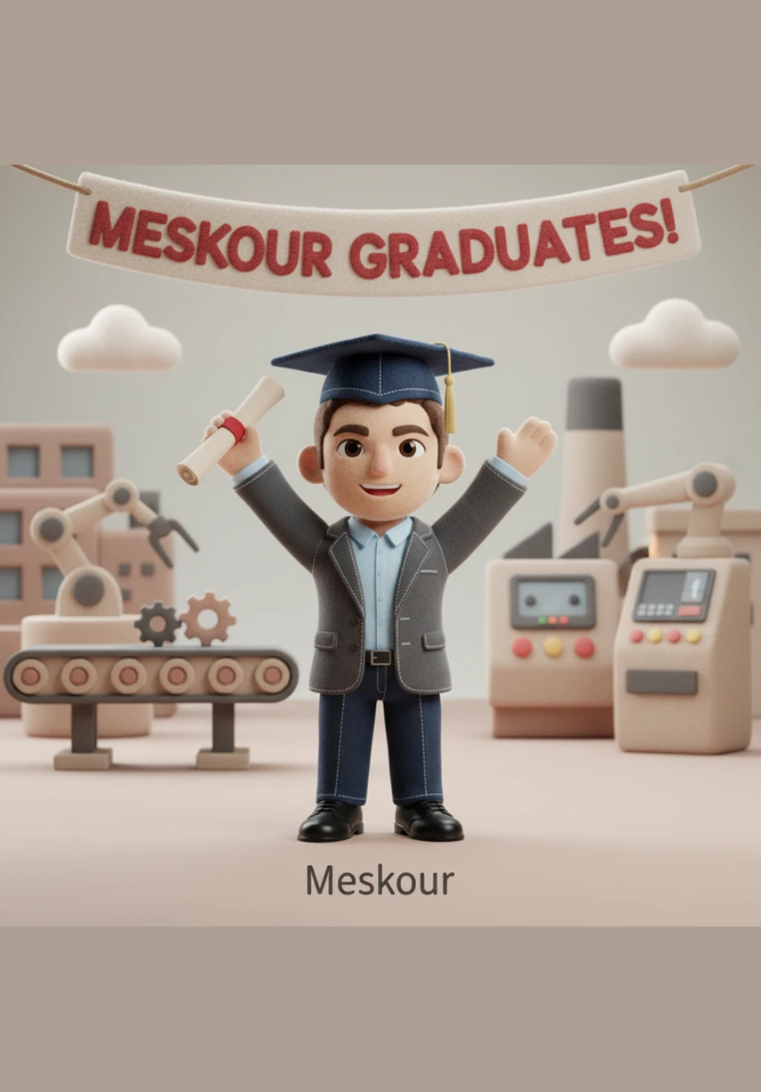 Meskour stands confidently at a podium, presenting his innovative ideas to a room full of attentive experts and professors. His clear voice and detailed diagrams showcase a future where production is both intelligent and human-centric.