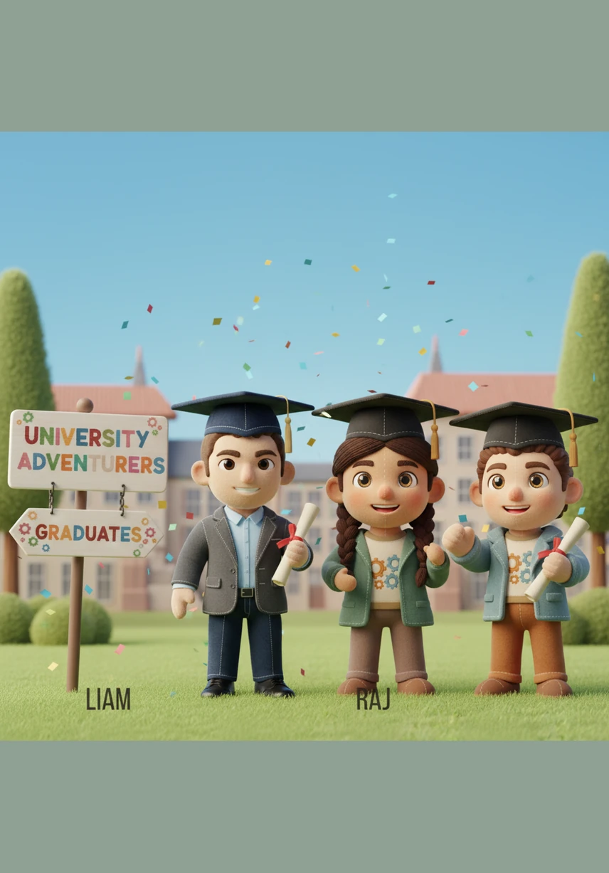 Under a clear blue sky, Meskour tosses his graduation cap into the air alongside his friends, his face beaming with joy and pride. The years of hard work and study have transformed him into a visionary engineer ready to take on the world.