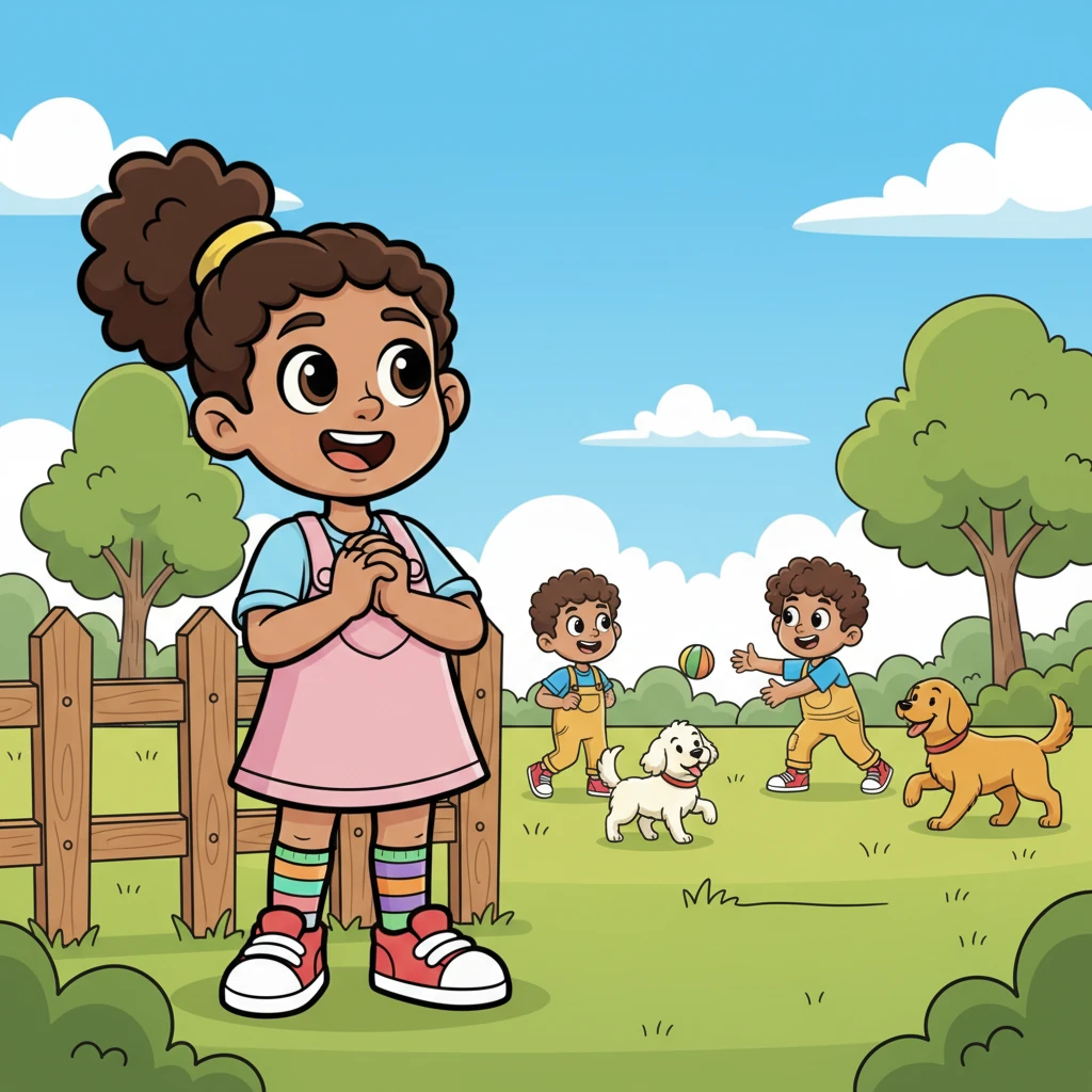 Lily stood by the park fence, watching children laugh and play with their happy dogs. She wished more than anything for a furry friend of her own, one that would be fun and loving. A big, cheerful smile was plastered on her face as she imagined a loyal companion.