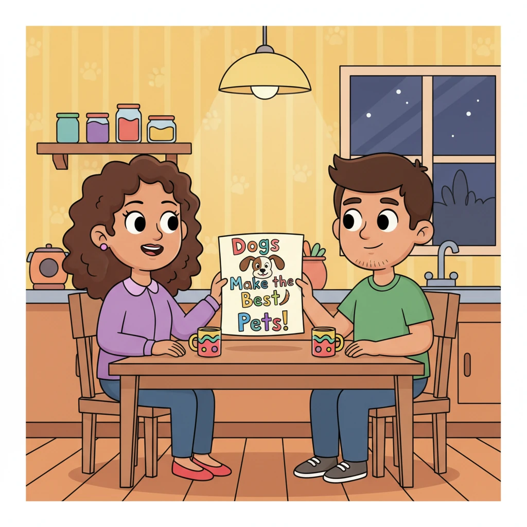 That evening, Lily sat at the kitchen table with her parents, a determined sparkle in her eyes. She held up a colorful drawing that boldly declared, 'Dogs Make the Best Pets!' She was ready to present her very best arguments.