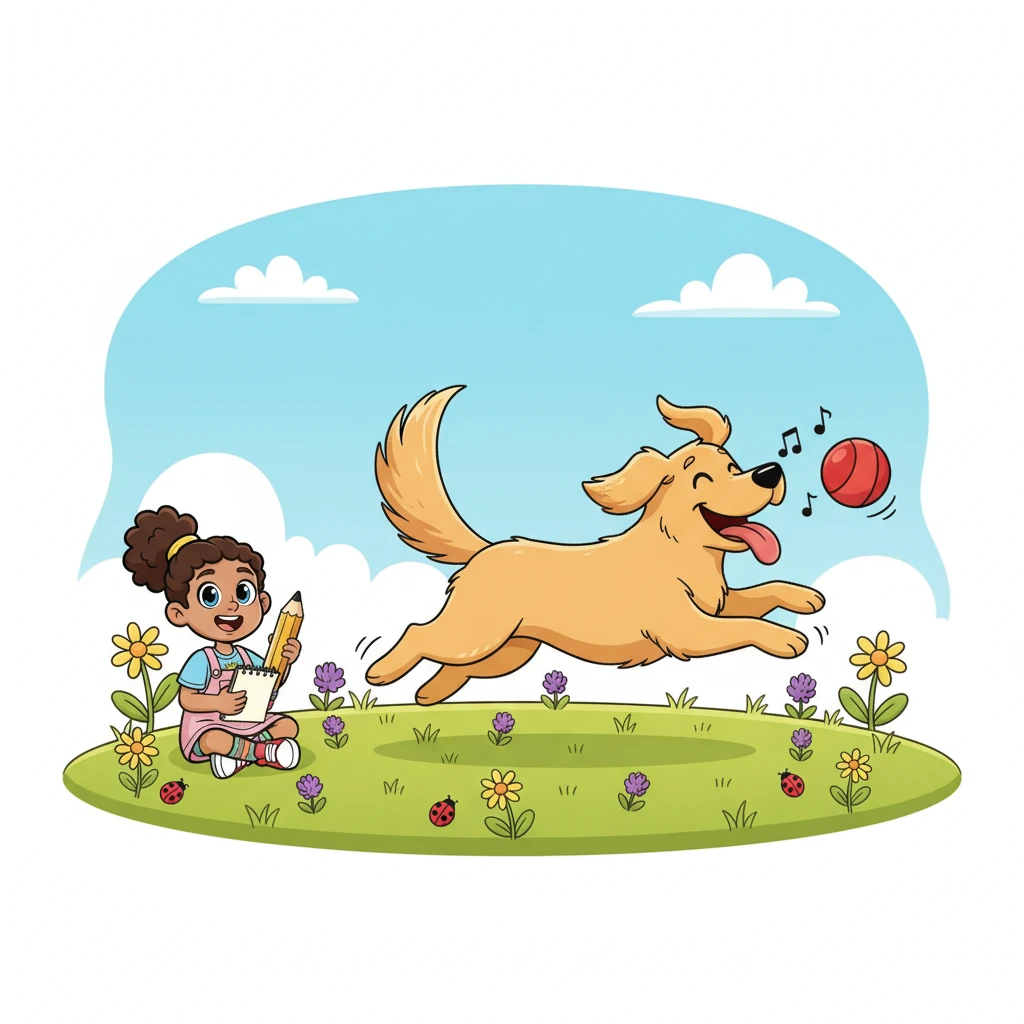 Lily imagined a bouncy, golden retriever with a super-long tail, ready for endless games of fetch in a sunny meadow. The dog barked with pure joy, its tongue lolling out as it chased a bright red ball. This playful energy showed how much dogs love to play.