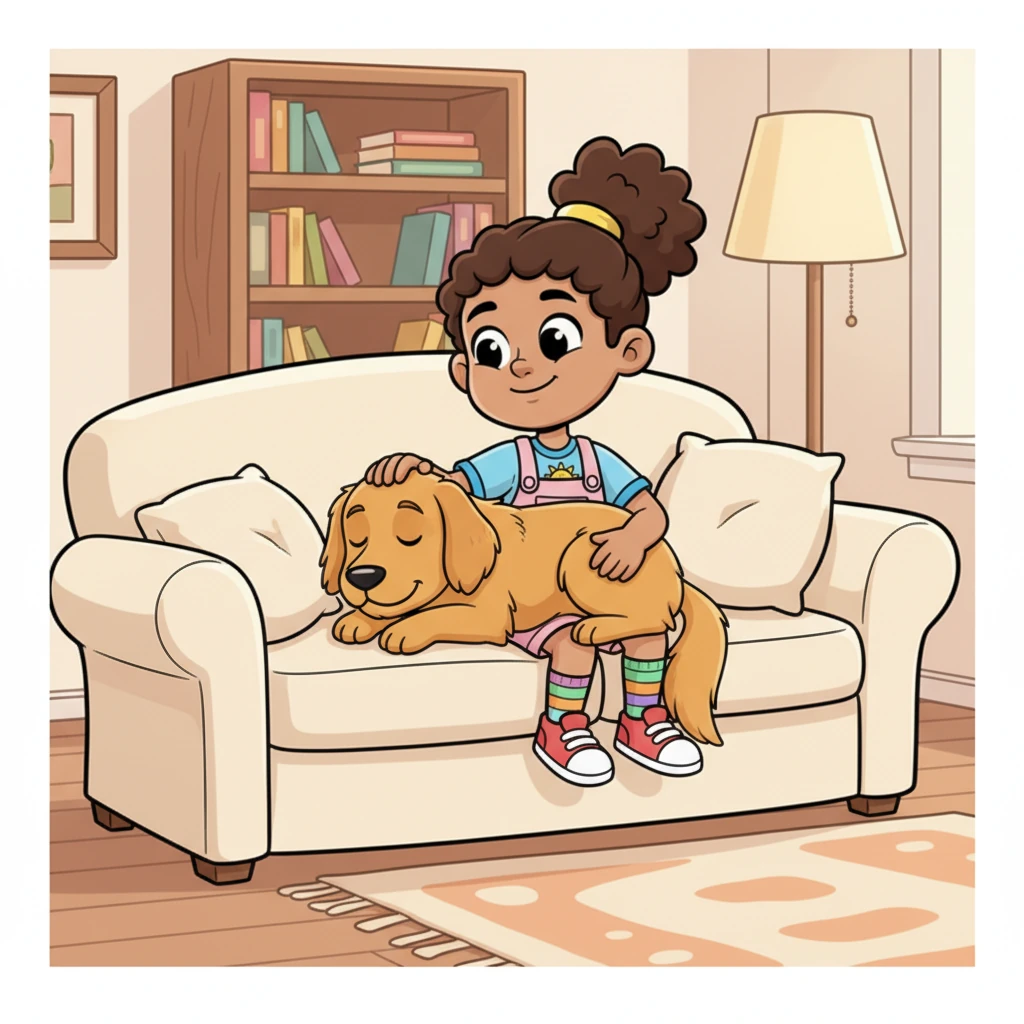Her imagination continued, showing her snuggled up on a big, comfy couch with a soft, warm dog resting its head on her lap. She gently stroked its fur, feeling a wave of pure affection and comfort. This was the ultimate proof that dogs give lots of love.