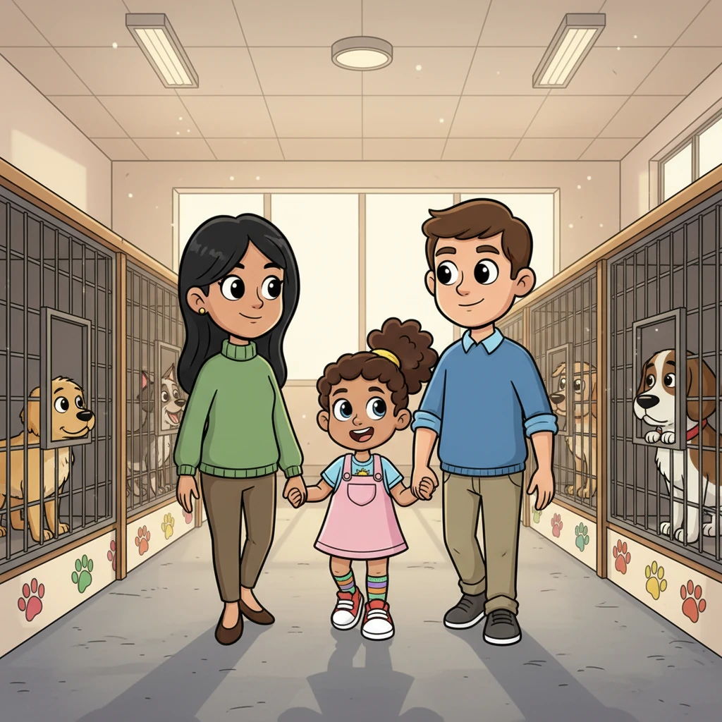 A few days later, Lily, holding her parents' hands, walked into a bustling animal shelter. Her eyes were wide with a mix of excitement and anticipation. Friendly dogs of all shapes and sizes peered out from their clean, cozy kennels, wagging their tails hopefully.