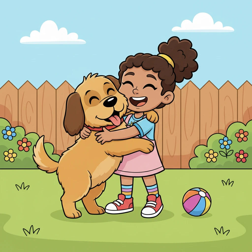 Soon, Lily and her new best friend, Buddy, were playing happily in their backyard, Buddy expertly fetching a colorful ball. Lily gave Buddy a big, squeezing hug, knowing she had found the fun, loving, loyal, and safe companion she had always wished for.