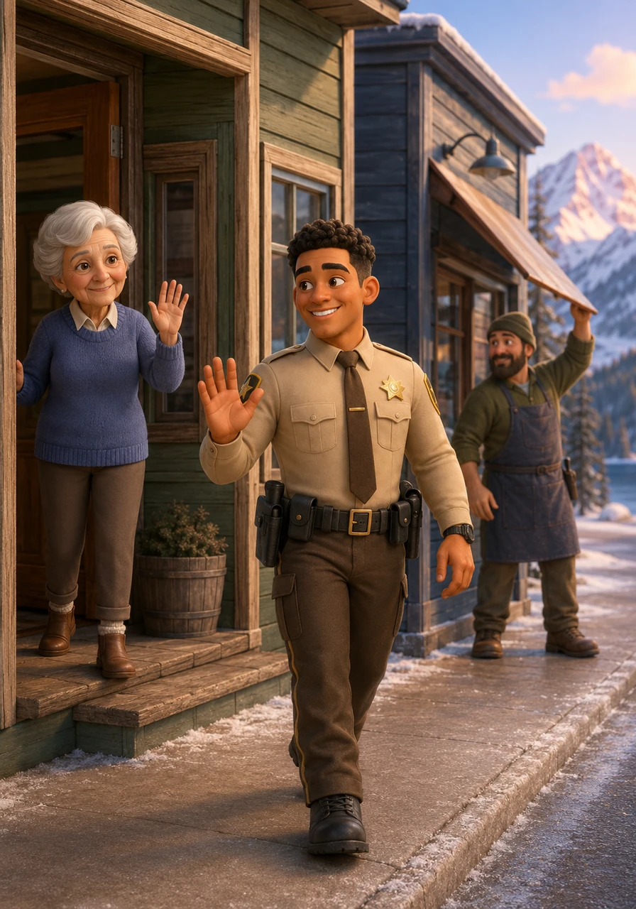 Kevin walks past the local community center, waving warmly to neighbors who are opening up their shops. His bright smile and energetic stride bring a sense of warmth to the chilly Alaskan morning, making him a familiar and beloved face in the neighborhood.