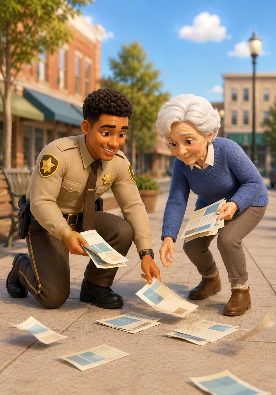 While walking near the downtown square, Kevin notices an elderly woman struggling to gather a stack of important community flyers that the wind has scattered across the sidewalk. Without a second thought, he rushes over to help her gather the papers before they blow away.