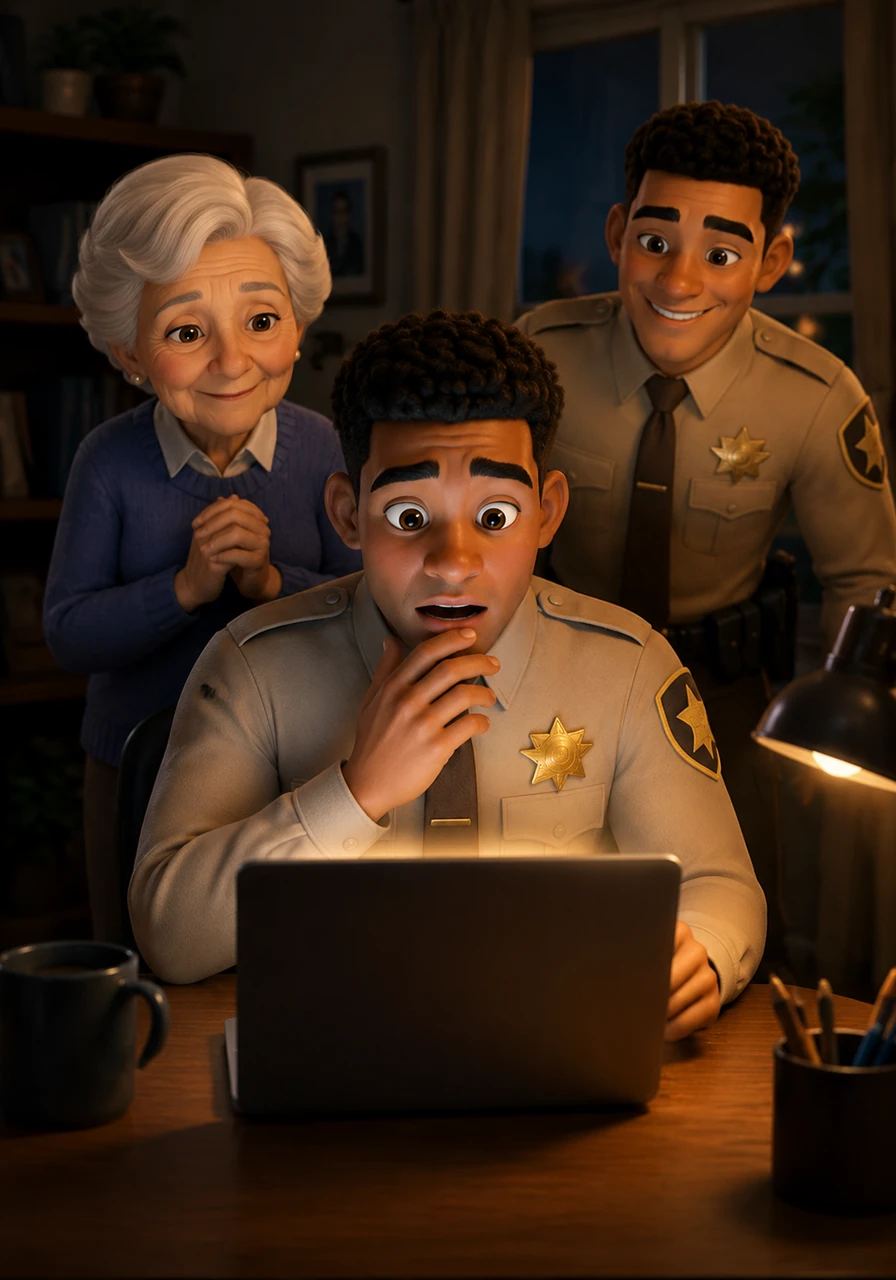 Kevin sits at his desk at home, lit by the glow of his laptop screen as he scrolls through the local news page. His eyes widen in complete surprise and humility as he spots his own name and the announcement of the reward on the official board.