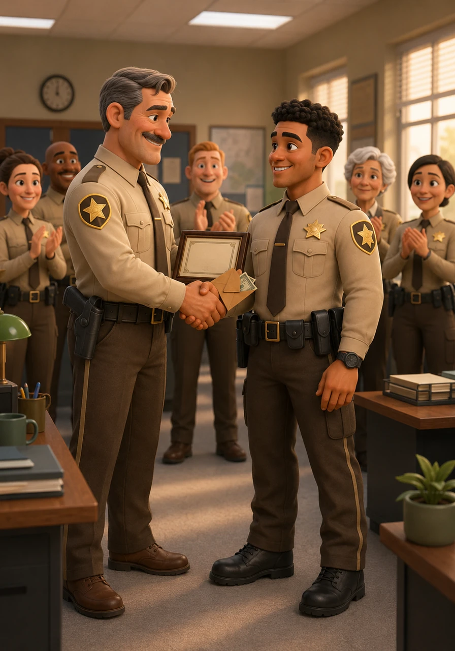 The next morning, Kevin arrives at the Fairbanks Deputy Department office, greeted by warm applause from the staff present. A senior deputy steps forward to shake his hand, presenting him with the official award certificate and the reward money.