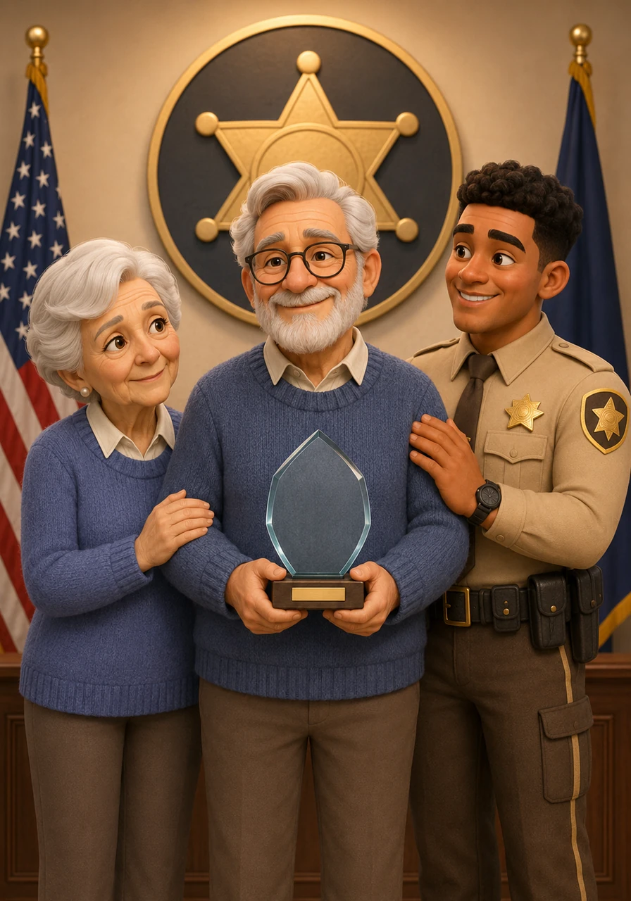 Holding the award tightly, Kevin stands proudly in front of the department's emblem for a commemorative photograph. He feels a deep sense of gratitude for his heritage and his community, realizing that even small, everyday actions can make a massive impact.