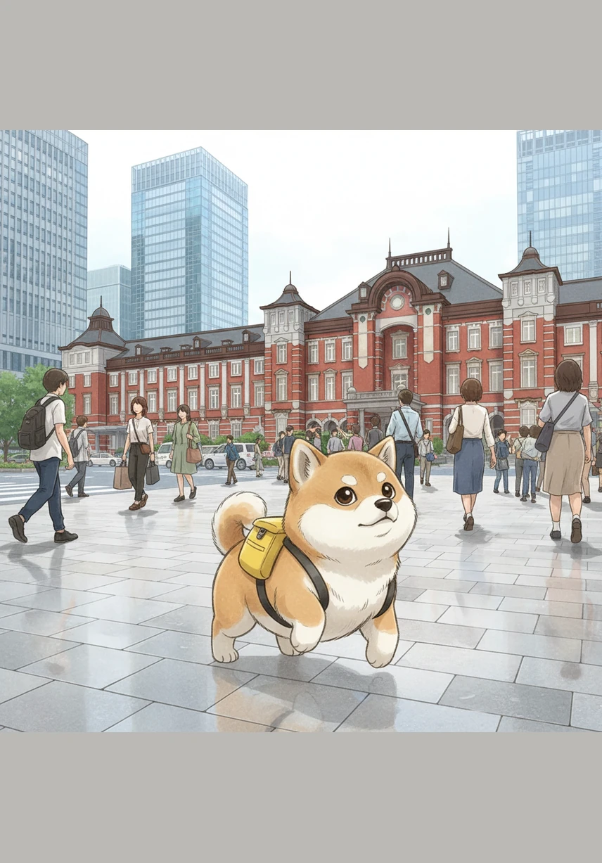 麻薯背着它的小黄色背包，好奇地走出了宏伟的东京车站。高耸的摩天大楼和川流不息的人群让它兴奋地摇起了尾巴，它正式踏上了这场期待已久的城市大冒险。