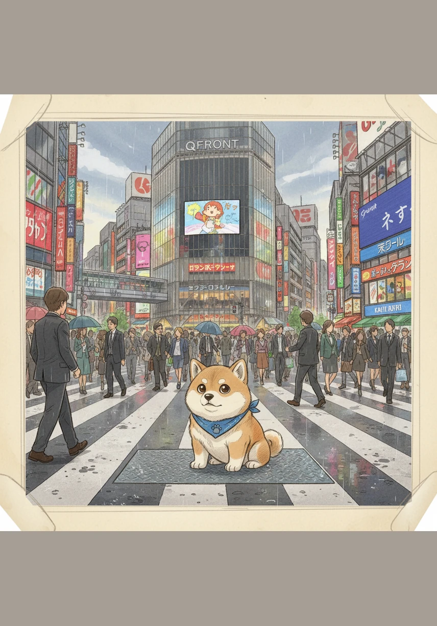 在著名的涩谷十字路口，麻薯被眼前壮观的人潮惊呆了。它乖乖地等在绿灯亮起的一刻，跟着五颜六色的雨伞和匆忙的脚步，轻快地穿过这片繁华的街头。