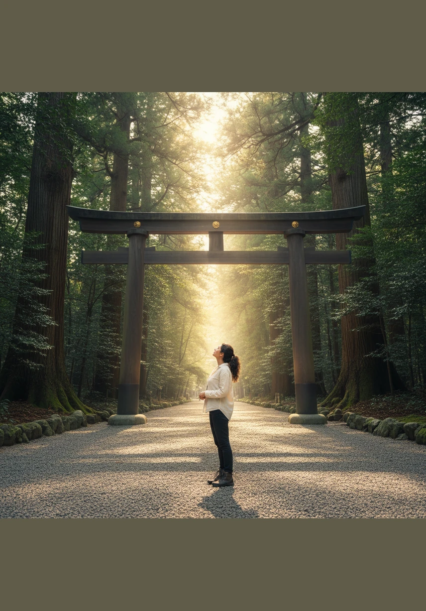 走进明治神宫的森林小径，城市的喧嚣瞬间消失了。麻薯踩在松软的碎石路上发出沙沙的声音，它抬头仰望巨大的木制鸟居，在静谧的树荫下感受着大自然的宁静。