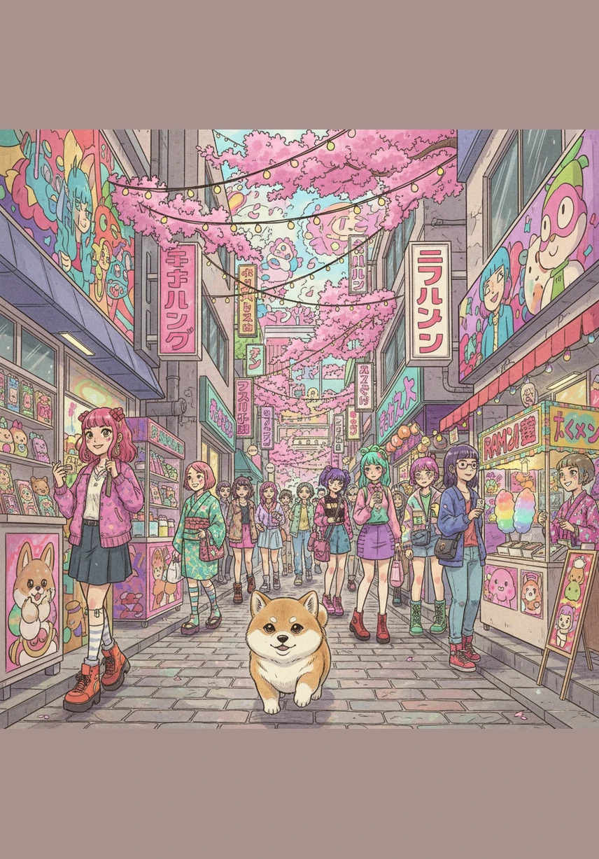 原宿的小巷里到处都是彩色的棉花糖和奇特的装扮。麻薯在一家充满创意的店铺前停下脚步，它那圆滚滚的小脸和橱窗里的可爱公仔相映成趣，引得路人纷纷驻足拍照。