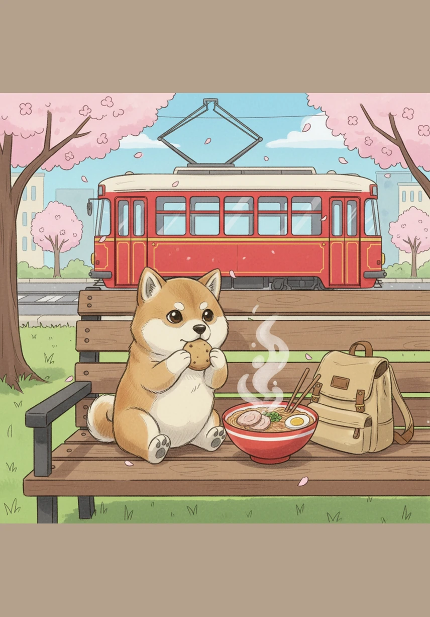 午餐时间到了，麻薯坐在公园的长椅上，闻着空气中飘散的拉面香气。虽然它只能吃自己的小饼干，但看着远处疾驰而过的红色电车，觉得眼前的景色比任何美食都诱人。