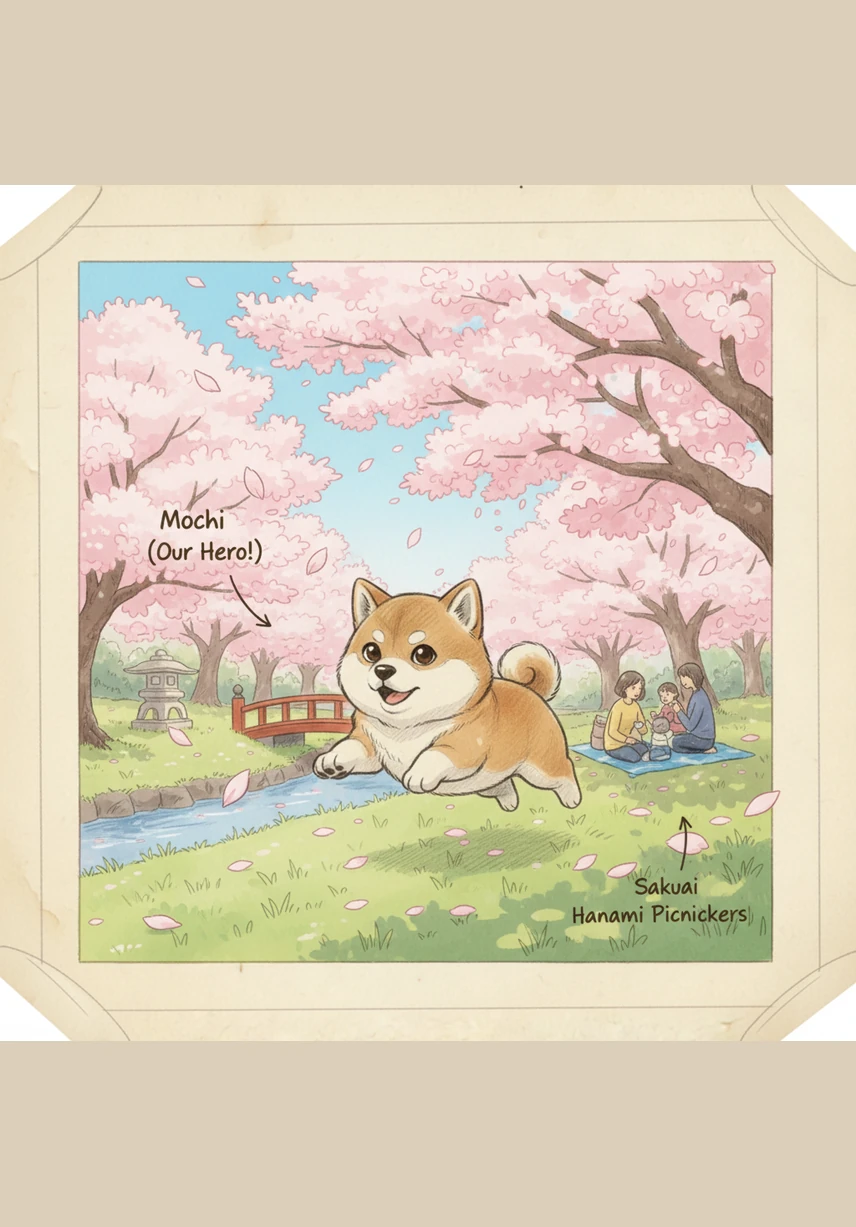 麻薯来到了上野公园，漫天的樱花瓣像粉红色的雪花一样落在它的鼻尖上。它在草地上欢快地打滚，追逐着随风飞舞的花瓣，尽情享受着东京最浪漫的春天。