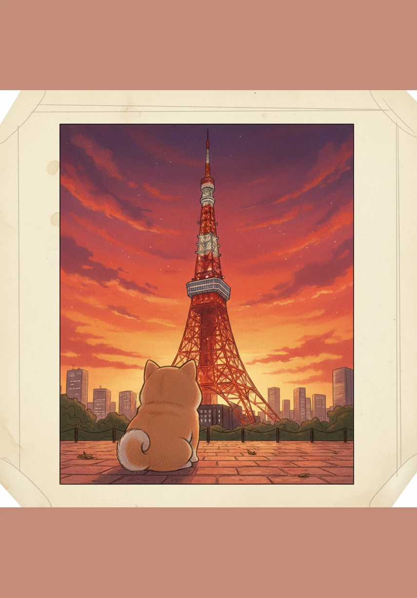 随着夕阳西下，麻薯来到了东京铁塔脚下。火红的塔身在晚霞的映衬下显得格外壮丽，麻薯坐在草坪上抬头仰望，感觉自己仿佛离天空又近了一步。