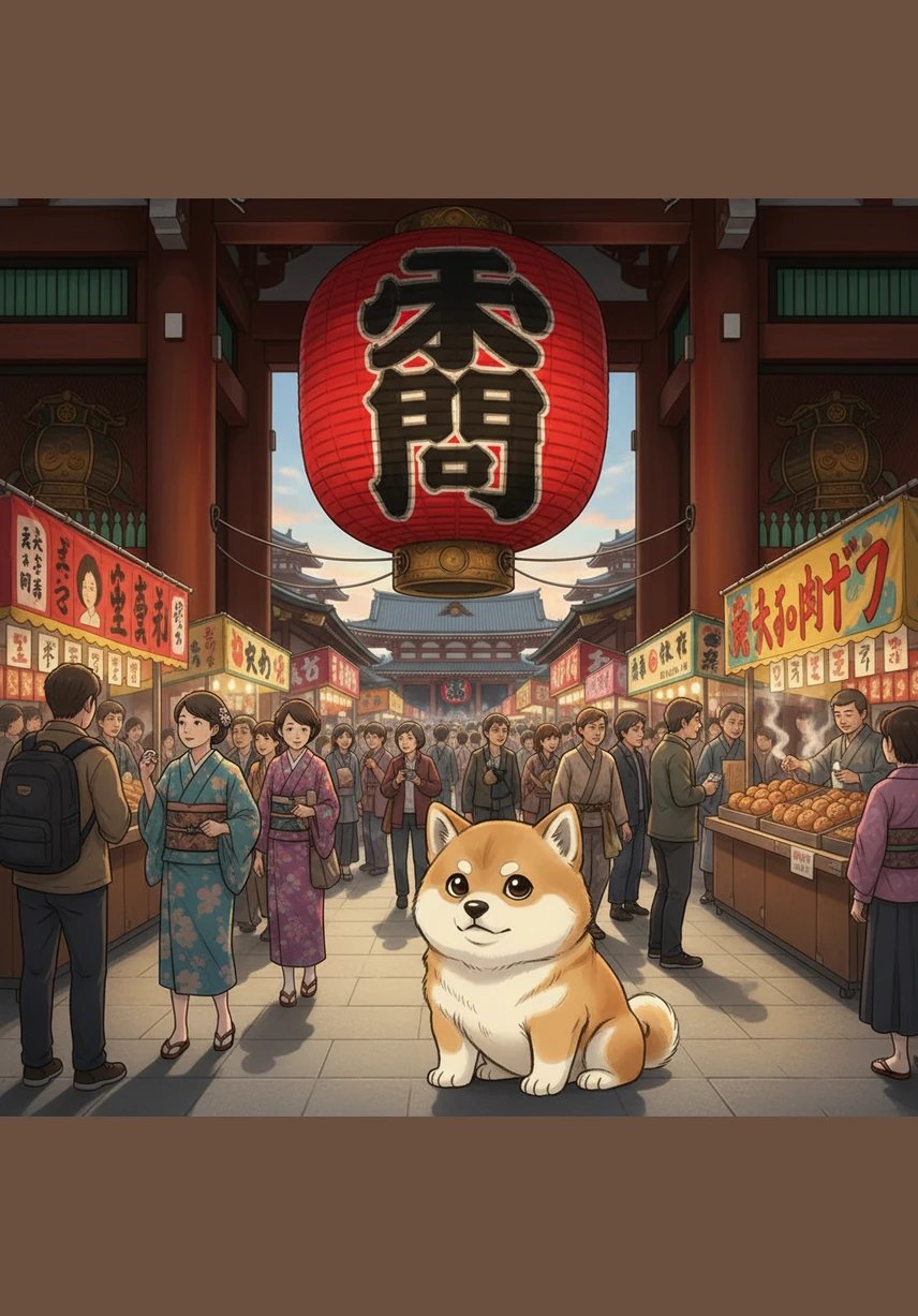 浅草寺的雷门前挂着巨大的红灯笼，麻薯好奇地观察着祈福的人们。它在古色古香的仲见世商店街穿梭，闻着刚出炉的人形烧香味，感受着东京古老而厚重的历史气息。