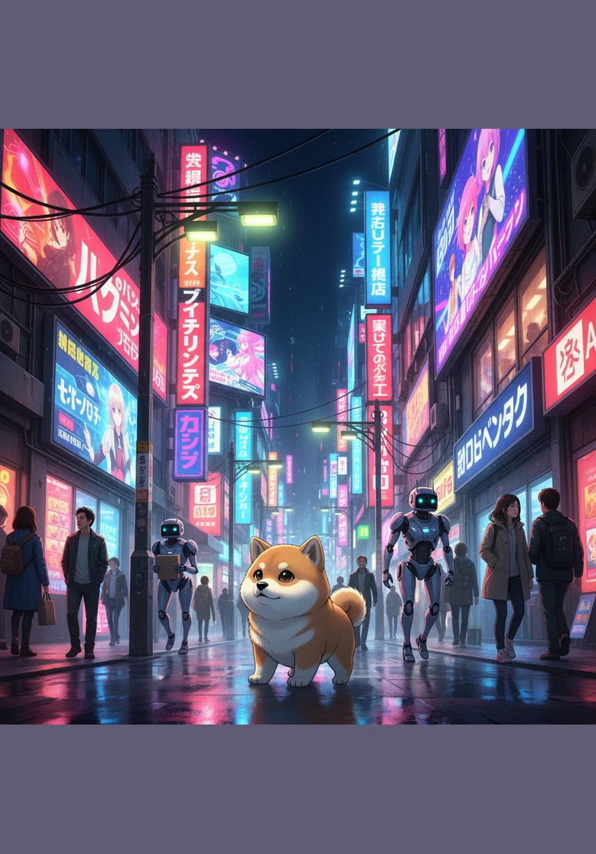 夜幕降临，秋叶原的霓虹灯闪烁夺目，整座城市变成了一个巨大的游乐场。麻薯穿梭在充满科技感的街道上，路边的机器人和电子屏幕让它目不暇接，仿佛进入了一个梦幻的未来世界。