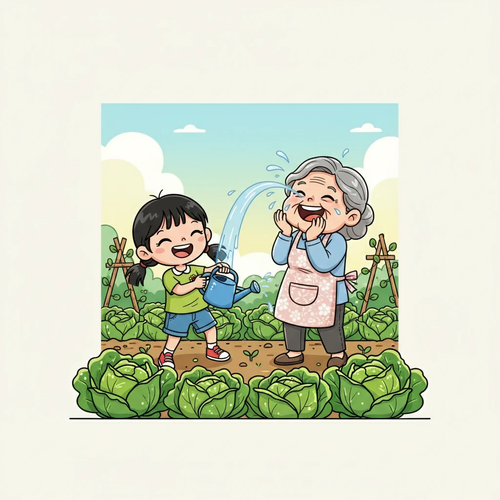 清晨,小满跟着姥姥来到菜园。她笨拙地想帮忙,却不小心把水浇到了姥姥的脸上,惹得姥姥哈哈大笑。露珠在蔬菜的叶子上闪烁,预示着美好的一天。
