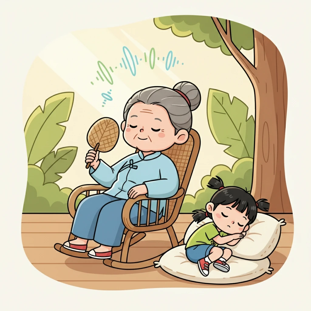 午后,姥姥在藤椅上摇着蒲扇,小满在一旁听着蝉鸣。蝉声悠长而舒缓,像一首夏日的摇篮曲,让小满渐渐进入梦乡。
