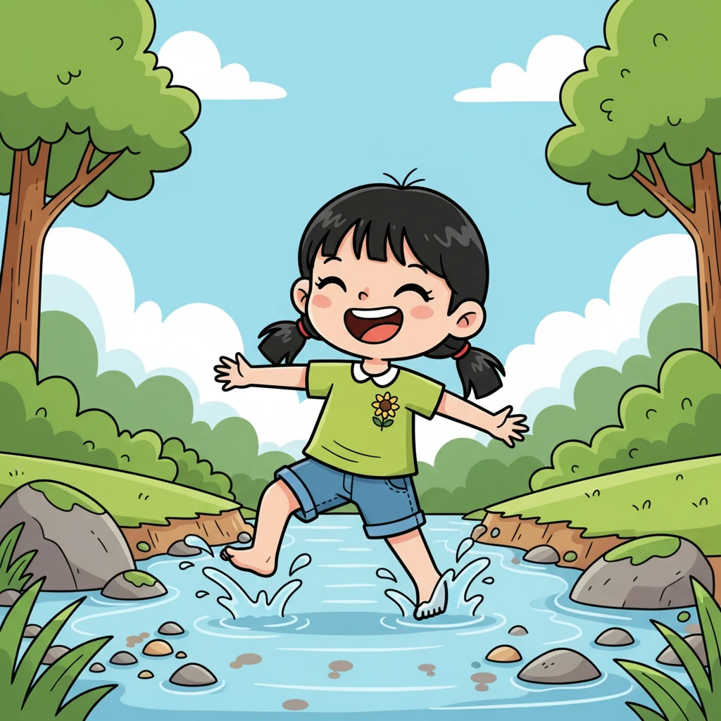 小溪边,小满光着脚丫踩着清凉的水花。水流温柔地抚摸着她的脚背,她开心地咯咯笑着,感受着大自然的拥抱。