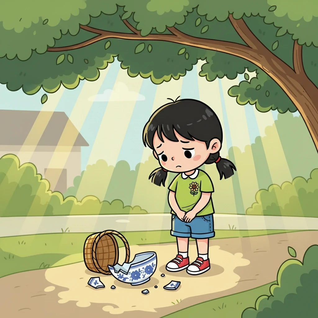 小满不小心打碎了姥姥珍爱的旧瓷碗,她沮丧地低下了头,害怕姥姥会生气。阳光透过树叶,洒在破碎的瓷片上,显得格外刺眼。