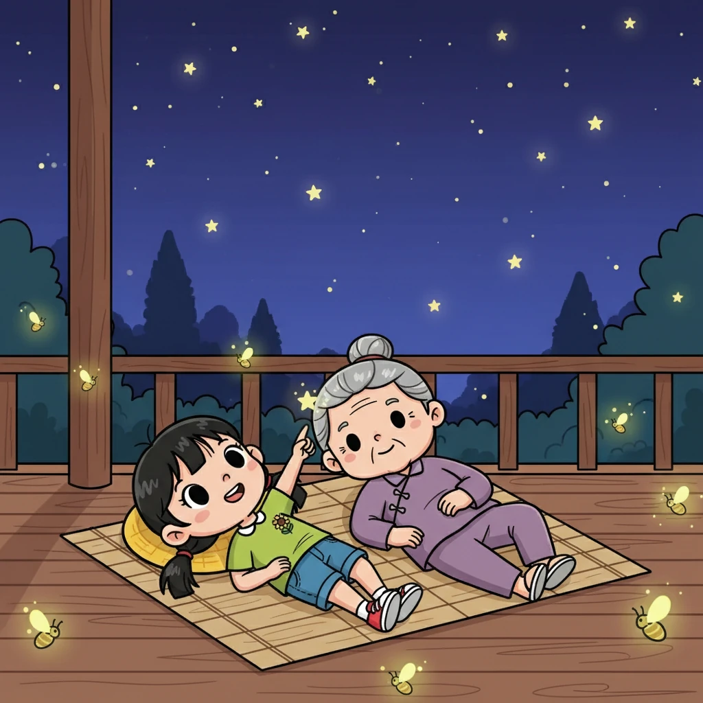 夜晚,祖孙俩躺在门廊的竹席上,仰望着满天的星斗。萤火虫在夜空中飞舞,像闪烁的星星,点亮了她们的故事时间。
