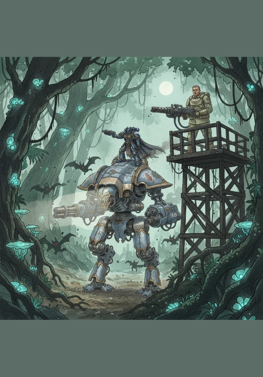 Sergeant Kaelen Thorne stands atop the reinforced platform of the Viridian canopy, looking out over the dense, mist-shrouded jungle. After ten long cycles of grueling labor, his regiment has finally completed the perimeter fence and heavy gun emplacements.