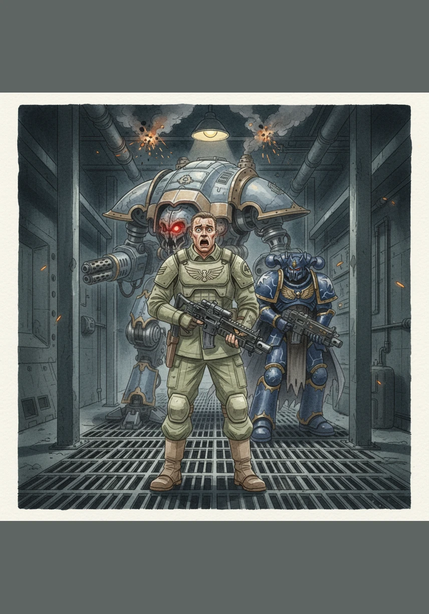 Suddenly, a low-frequency vibration rattles the metal floorboards, causing water to dance in the soldiers' flasks. A sound like grinding mountains echoes from the darkness beyond the perimeter, followed by a mechanical roar that chills the blood of every man present.