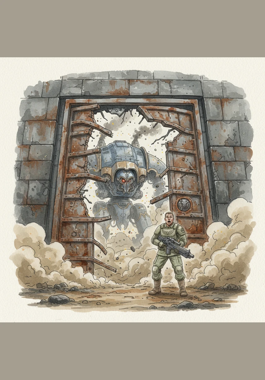 The massive blast doors of the canopy defense wall buckle and tear open like wet parchment under the weight of a colossal predator. A Warhound Titan, twisted by the powers of Chaos and draped in the flayed skins of its victims, stomps through the breach into the inner sanctum.