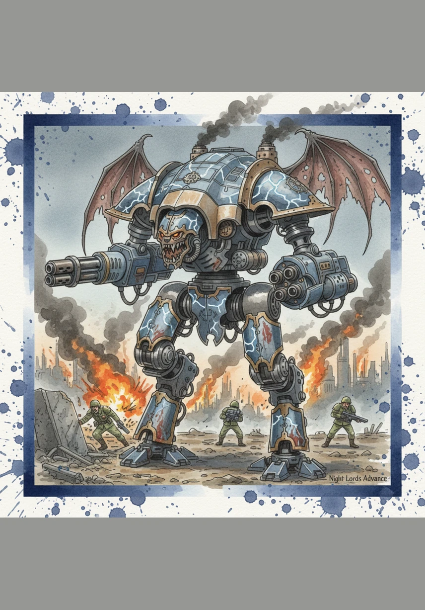 The corrupted god-machine towers over the defenses, its metal hide pulsing with unholy energy and its vox-emitters screaming praises to the Dark Gods. Kaelen watches in horror as the Titan’s dual plasma blastguns cycle to life, illuminating the terrified faces of his squad.