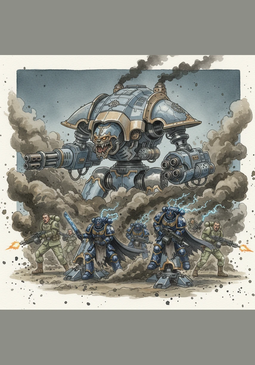 From the wake of the Titan’s massive iron feet, blue-armored giants emerge from the smoke, their midnight-colored plate adorned with bat-winged crests. The Night Lords have arrived, their lightning claws crackling with lethal energy as they prepare to harvest the souls of the defenders.