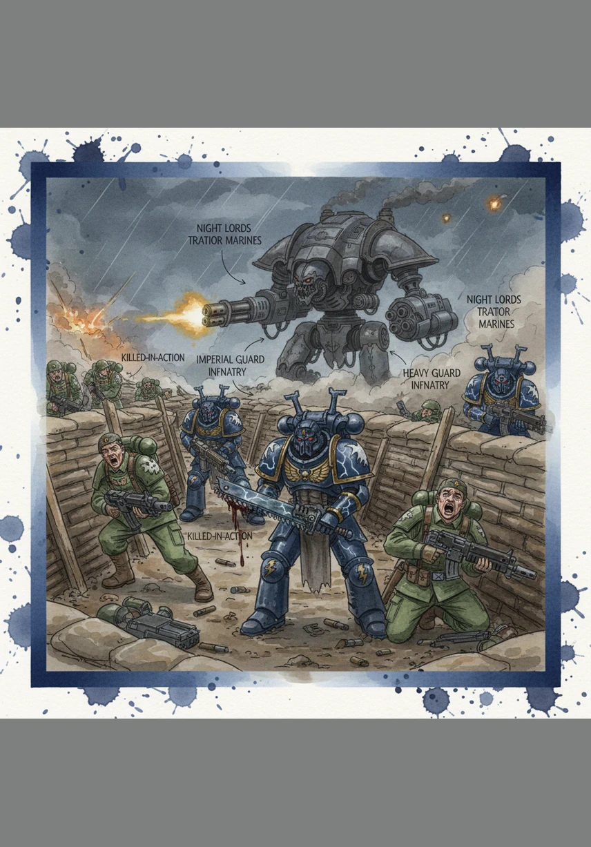 The Night Lords move with predatory grace, leaping into the trenches and using the shadows to weave through the frantic lasgun fire. Kaelen fires his pistol at a looming shadow, but the traitor marines are faster, their vox-casters amplifying the terror of the battlefield.