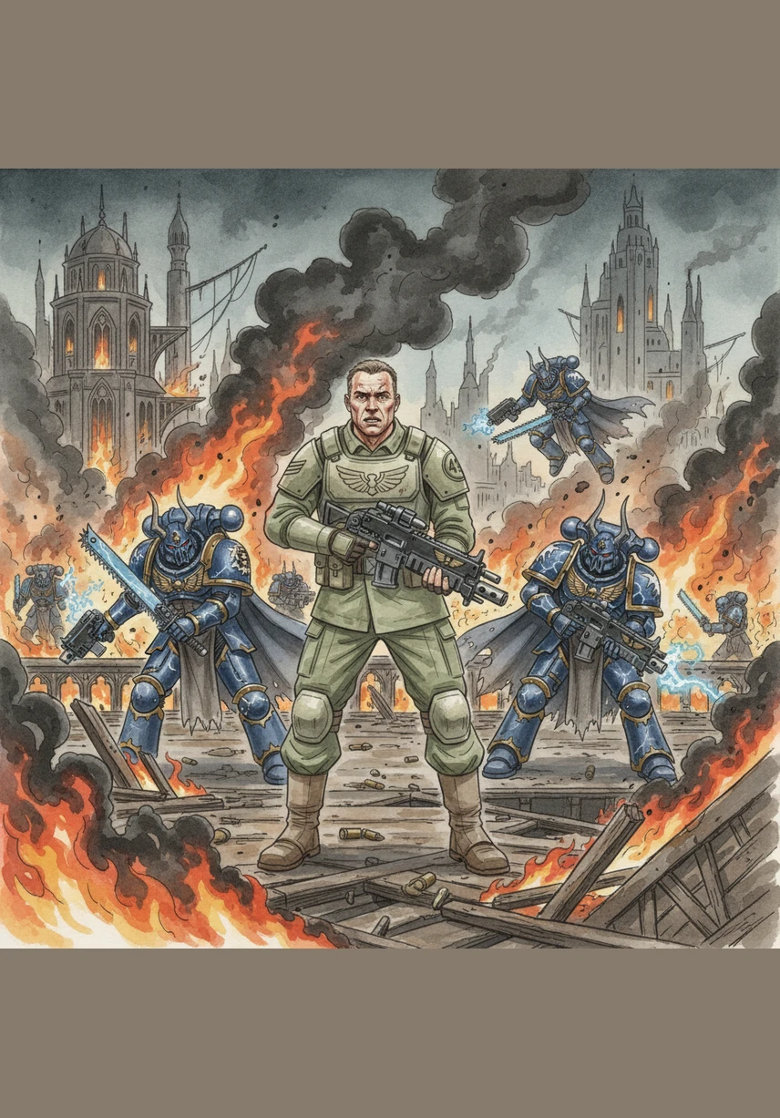 Fires rage across the canopy platforms, casting long, dancing shadows that the Night Lords use to their advantage. The sky above is choked with black smoke, and the once-proud defenses are now a labyrinth of slaughter and despair.