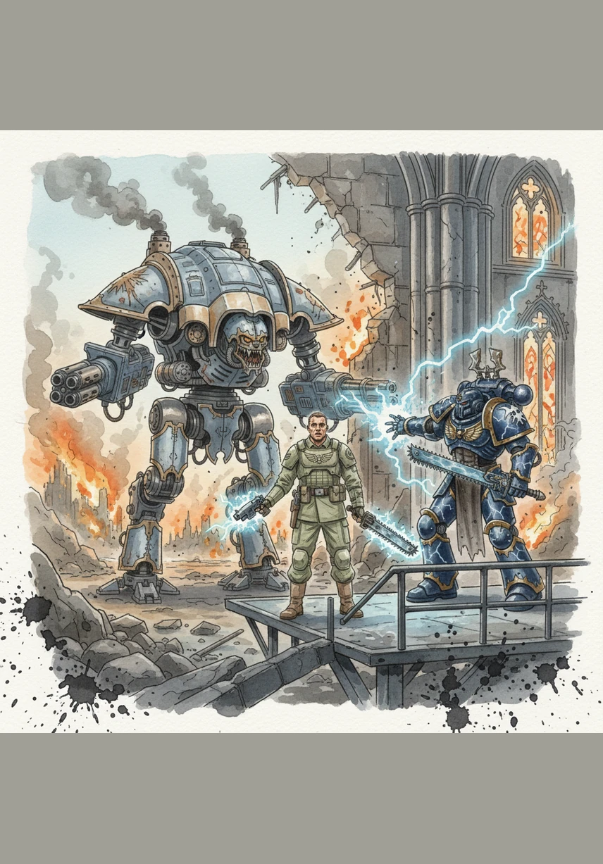 Sergeant Kaelen Thorne stands his ground as the towering Warhound Titan looms over him, its shadow swallowing the platform. Clutching a final explosive charge, he stares into the glowing red eye-lenses of the machine, ready to give the Emperor his life in one last act of defiance.
