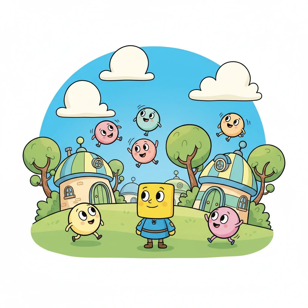 In the bouncy, round village of Wobbleton lived Pip, a cheerful little square. While everyone else was round and loved to roll, Pip often felt a little different, watching them bounce with a wistful smile. The houses were round, the trees were round, and even the clouds seemed to float in perfect circles above.