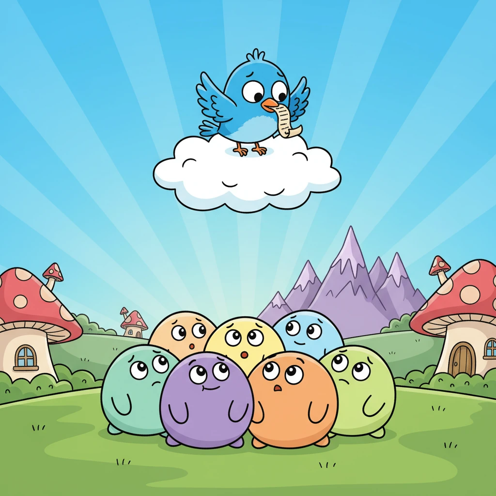 One sunny morning, a tiny bird with a big message flew into Wobbleton. It announced that the Triangle-folk from Pointy Peak were coming to visit! The round villagers huddled together, their bouncy bodies trembling slightly with a mix of curiosity and apprehension about these sharp new arrivals.