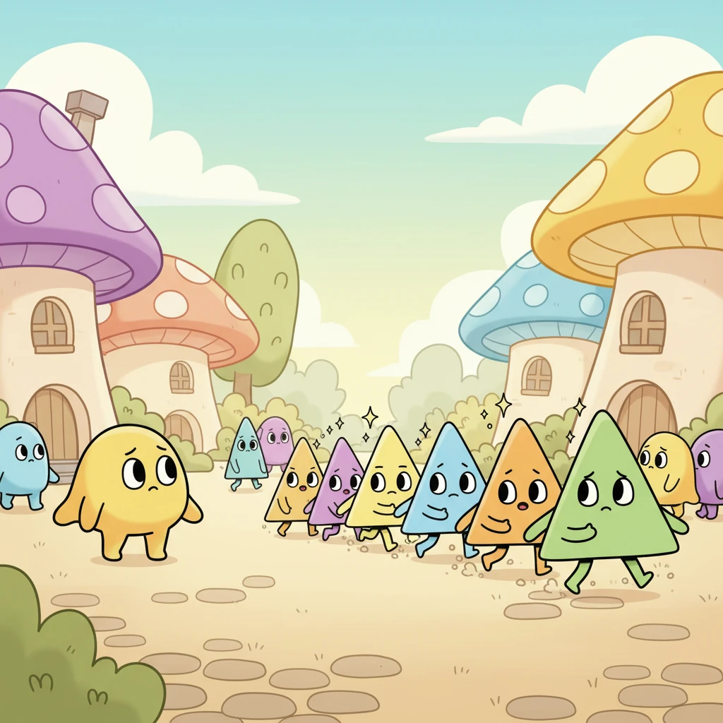 Soon, a procession of colorful Triangle-folk arrived, their pointy tips shimmering in the sun. They moved with quick, precise steps, a stark contrast to the soft, rolling movements of the Wobbleton residents. Both groups eyed each other cautiously, a quiet hush falling over the village square.