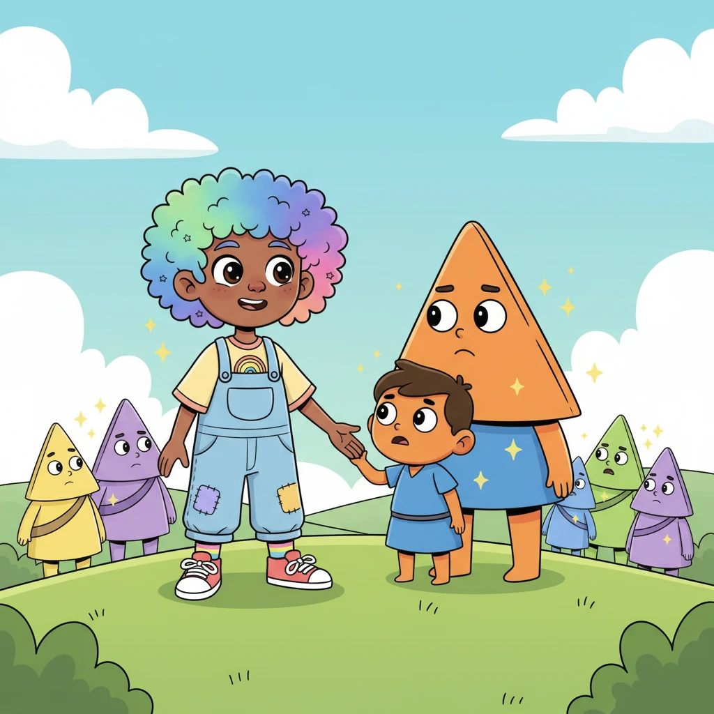 Remembering how it felt to be an outsider, Pip took a deep breath and bravely stepped forward. With a friendly smile, Pip extended a hand towards a cautious Triangle-folk child. It was a small gesture, but it sparked a tiny flicker of hope among the onlookers.