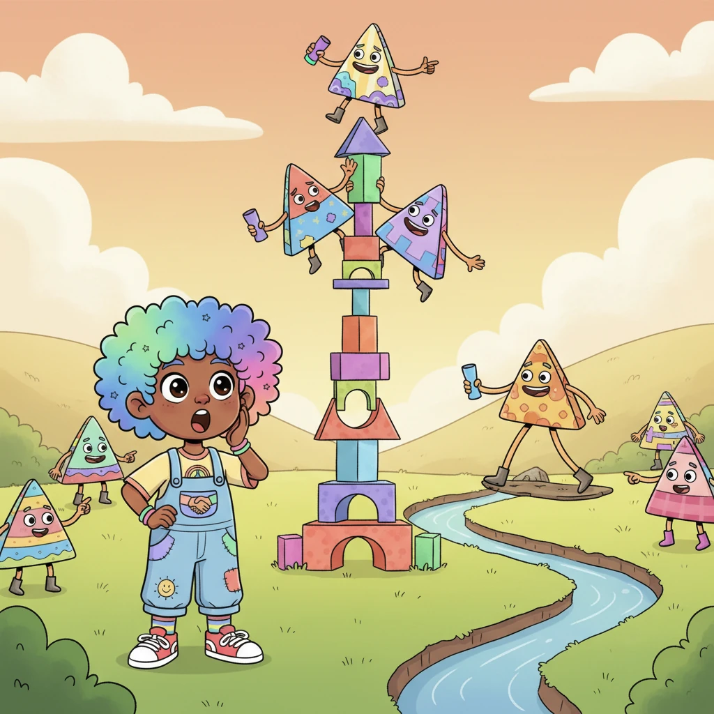 Pip soon discovered that the Triangle-folk had amazing talents. They could stack blocks into incredibly tall, stable towers and easily navigate narrow, winding paths that were impossible for the round villagers. Pip watched in awe, realizing that being pointy had its own special advantages.